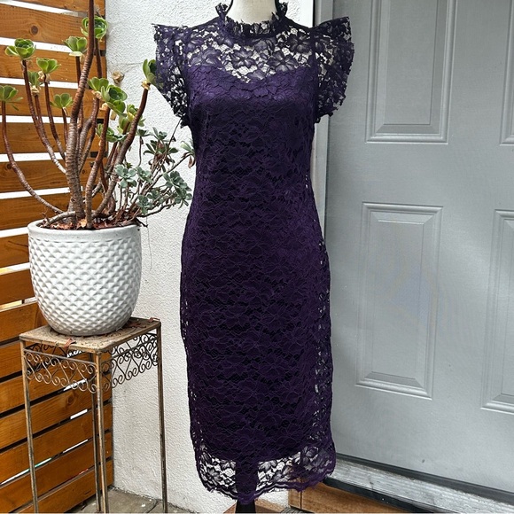 Enfocus Studio Purple Lace Dress Lined Modest Minimalist Wedding Guest Size 8 - Picture 3 of 11